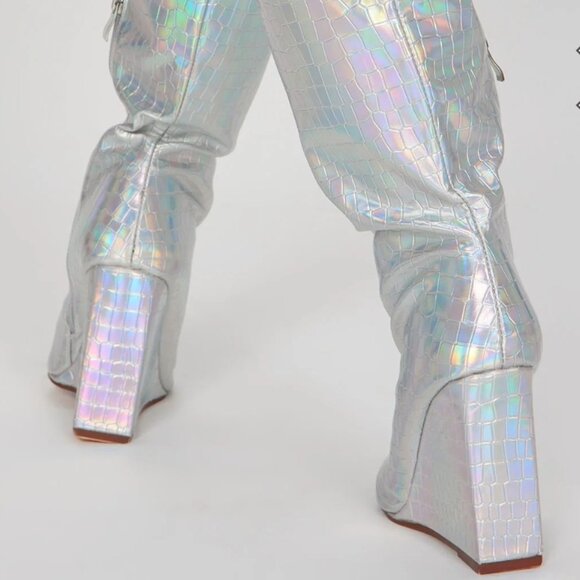 Iridescent Silver Knee High Textured High Heel Boots - Picture 4 of 8